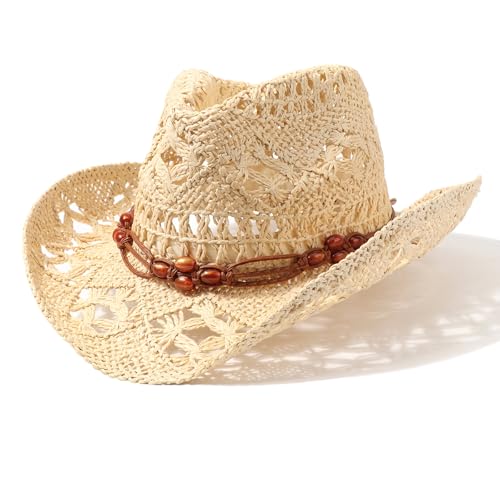 AQOKKA Straw Cowboy Hats for Women Men Western Cowgirl Hats with Shapeable Brim Woven Hollow Out Unisex Beach Roll Up Caps - color: Brown Beads Cowboy Hat : Beige