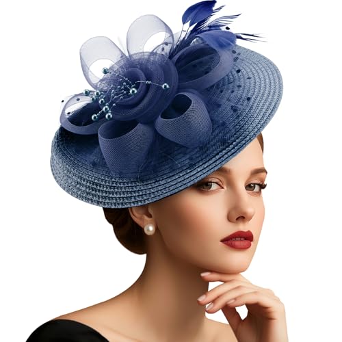 DRESHOW Fascinators Hat Flower Mesh Feathers Hat with a Headband and a Clip 7.9" Tea Party Headwear for Women - color: 1 Pack Folded Style 2: Navy / 7.9"