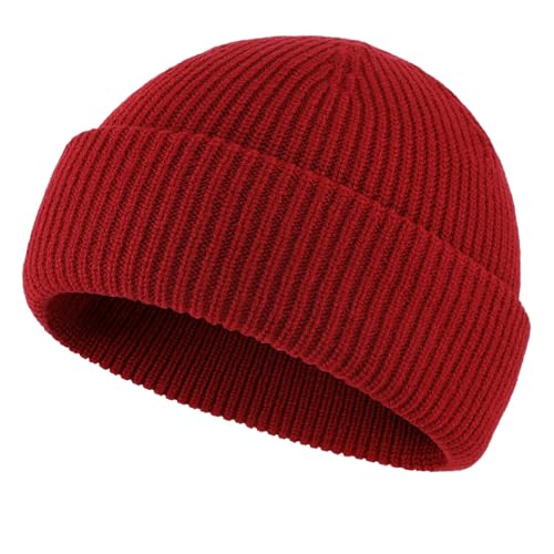 Connectyle Short Fisherman Beanie for Men Women Warm Winter Hats Knit Cuffed Beanies Skull Cap Acrylic Watch Hat - color: Dark Red