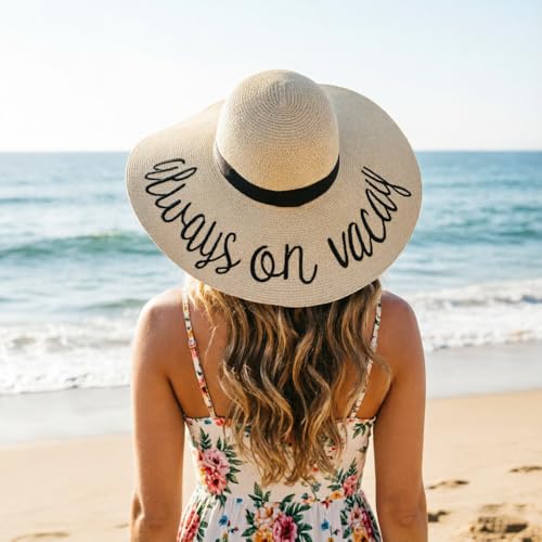 DRESHOW Big Straw Sun Hats for Women Floppy Foldable Roll up Beach Cap Sun Hat UPF 50+ Vacation Honeymoon Embroidered Hat - color: Ae Always on Vacay: Beige