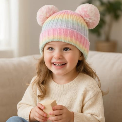 Toddler Winter Knit Hat Upgrade Fleece Lined Pompom Ears Beanies Cap for Boys Girls 3-12 Years - color: Rainbow Color