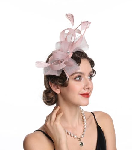 SAFERIN Elegant Women's Fascinator Hat with Veil and Feather Hair Clip Headpiece for Weddings Tea Party - color: St09-dusty Pink