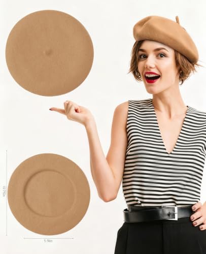 French Beret Hats for Women - Soft Warm Wool Solid Color Beanie Winter Cap - color: Camel
