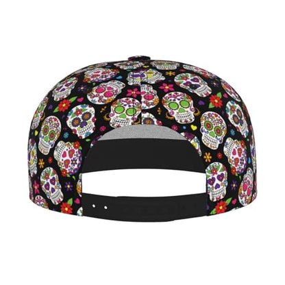 Skull Snapback Hat for Men Women, Stylish Flat Bill Hat Baseball Caps Adjustable Flat Brim Hip Hop Trucker Hats Sun Cap - color: Sugar Skull 13