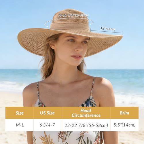 Oweisong Sun Beach Hats for Women Trendy Summer Vacation Straw Hat Boho Bow Wide Brim Packable Hat - color: Khaki