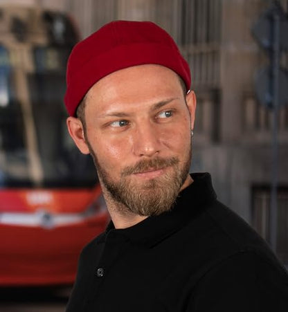 Cotton Docker Cap, Unisex Brimless Cap, Men Skull Cap, Brimless Beanie Hat, Men Women Cuffed Hat. - color: Burgundy