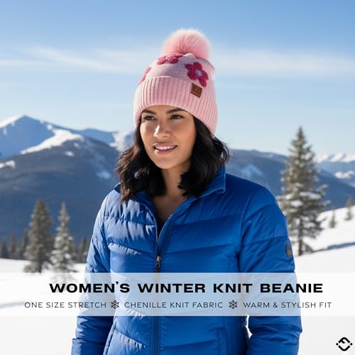 Funky Junque Beanie for Women Ultra Soft Chenille Faux Fur Pom Pom Winter Hats Warm Ski Cap Fashion - color: Daisy - Rose