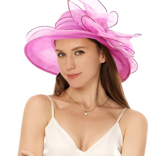 Haoohu Women's Church Derby Hat Wide Brim Bow Bucket Hat Wedding Dress Hat Fascinator Bridal Tea Party Hat - color: H-rose Red