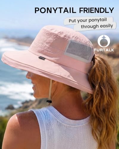 FURTALK Sun Hats for Women Wide Brim Ponytail UV Packable Hiking Travel - color: Pink