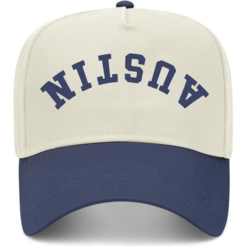 Austin Upside Down Vintage Trucker Hat | Texas | Premium Snapback Baseball Hat for Men & Women - color: Navy/Natural