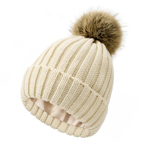 Satin Lined Beanie for Women Knit Winter Hats Silk Lined Womens Beanie with Detachable Pom Pom - color: A Beige