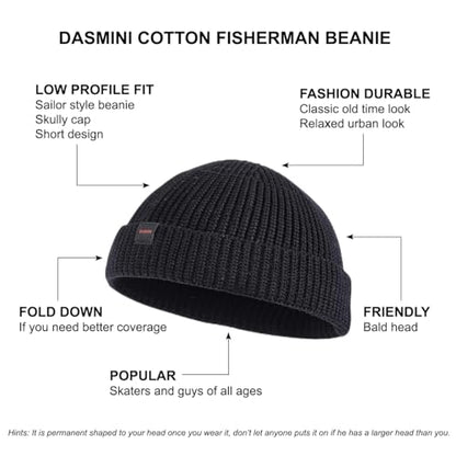 Fisherman Beanie Hats for Men Women,Knit Trawler Skull Cap,Watch Cap,Spring Fall Winter Warm Short Hats - color: (Cotton)-black-m