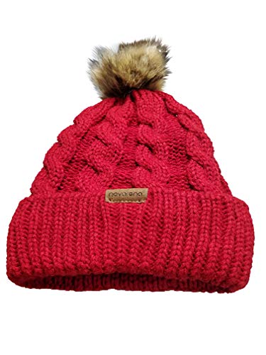 Novarena Thick Cable Knit Faux Fuzzy Fur Pom Fleece Lined Skull Cap Cuff Beanie - color: Red Pom Beanie