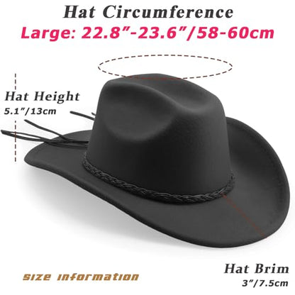 DRESHOW Western Cowboy Hat for Men Women Cowboy Cowgirl Hat Outdoor Wide Brim Retro Felt Fedora Hats Unisex Rolled up Caps - color: 1 Pack Style 9: Dark Gray With Braided Band