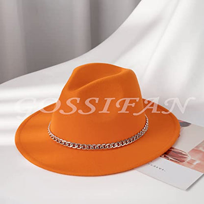 Women Men Wide Brim Fedoran Hat with Chain Belt Buckle - color: Orange