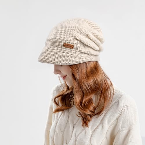 Womens Winter Beanie Hat,Fleece Lining Warm Knitted Slouchy Beanie Hats Cap with Visor - color: Beige