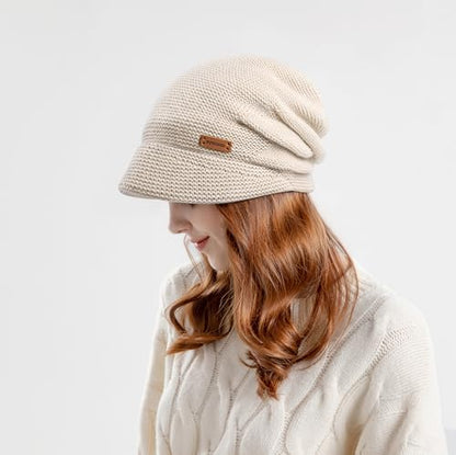 Womens Winter Beanie Hat,Fleece Lining Warm Knitted Slouchy Beanie Hats Cap with Visor - color: Beige