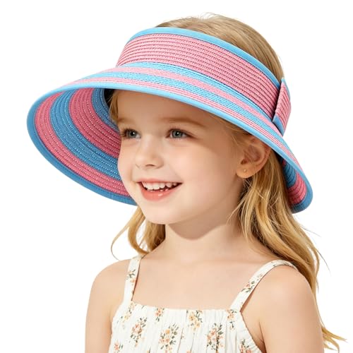 Girls Sun Visor Hat with Ponytail Hole Wide Brim Beach Straw Visor UPF 50+ - color: 1pack-sea Blue Pink