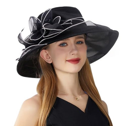 Haoohu Women's Church Derby Hat Wide Brim Bow Bucket Hat Wedding Dress Hat Fascinator Bridal Tea Party Hat - color: F-black