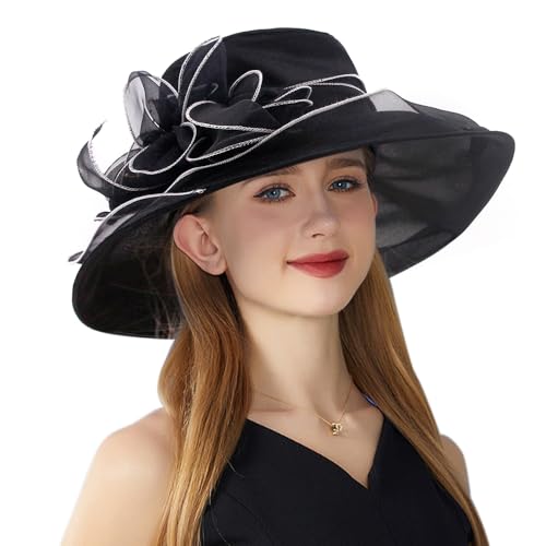 Haoohu Women's Church Derby Hat Wide Brim Bow Bucket Hat Wedding Dress Hat Fascinator Bridal Tea Party Hat - color: F-black