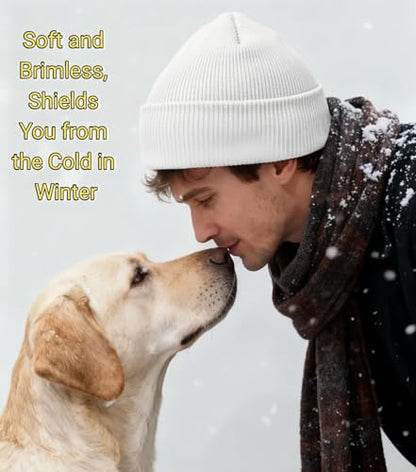 Beanie for Men and Women Beanie Hat Soft Winter Beanies Skull Caps Flanged Brimless Hat, Soft Plain Knit Hats - color: White