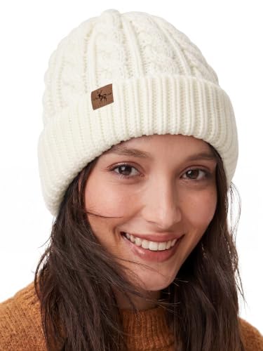 Winter Hats for Women Cable Knit Chunky Skull Cap Fleece Lined Thick Fold Cuff Beanie hat - color: White, style: Cross Jacquard