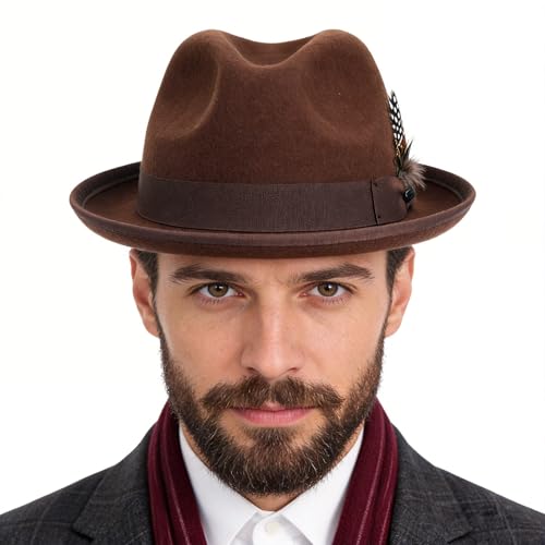 FORBUSITE Wool Felt Wide Brim Fedora Hats for Women Men - color: B5070-lm-brown, size: X-Large