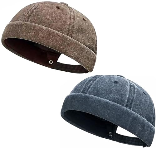 Initlove Docker Hat for Men Vintage Brimless Sailor Hat Beanie Cap - color: Coffee + Navy