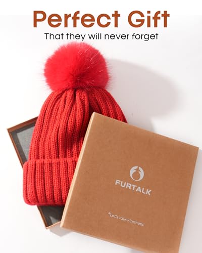 FURTALK Womens Winter Knitted Beanie Hat with Faux Fur Pom Warm Knit Skull Cap Beanie for Women - color: Red With Red Pom