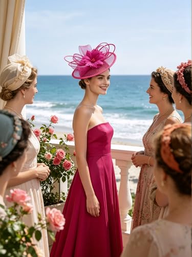 SAFERIN Elegant Women's Fascinator Hat with Veil and Feather Hair Clip Headpiece for Weddings Tea Party - color: St59-rose