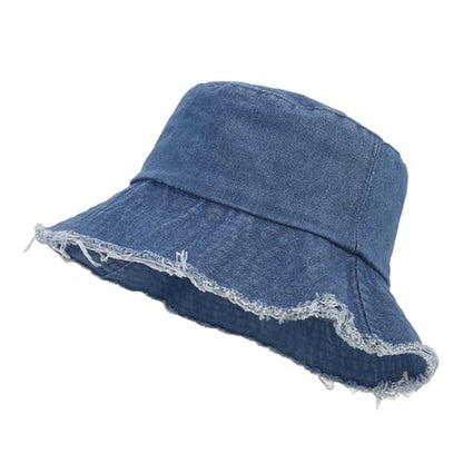 Quanhaigou Frayed Unisex Sun Hats, Fashion Beach Bucket Hat for Men Women,Summer Outdoor Boy's Girls Boonie Cap - color: Frayed Denim Blue