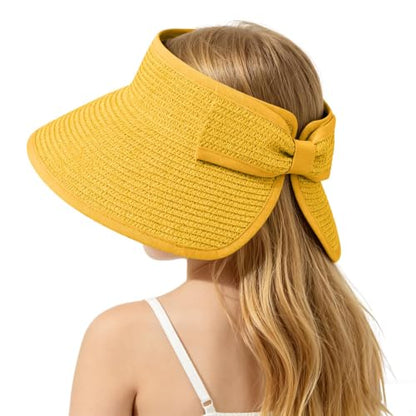 ZOORON Girls Straw Sun Visor Hat, Wide Brim Ponytail Beach Hat with Bow - color: Orange Yellow