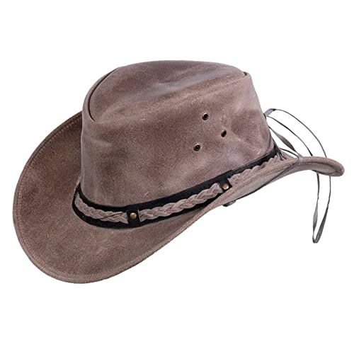 Outback Trading Men's 1367 Wagga UPF 50 Breathable Leather Western Hat with Adjustable Chin Cord with Braided Hatband - color: Antelope Rough Cut, size: Medium