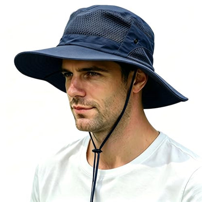 Sun Bucket Hat for Men Women Wide Brim UPF 50+ UV Protection Waterproof - color: Navy Blue