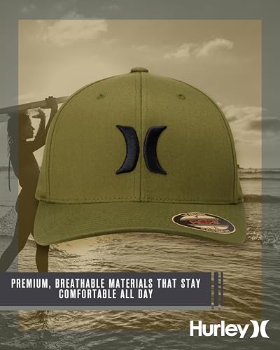Hurley Mens Textured Fitted Baseball Cap, Moisture Wicking, Curved Brim - color: Olive Canvas, size: Small-Medium