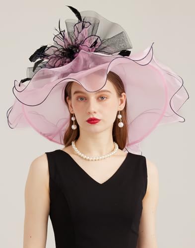 Women Derby Fascinator Hat Organza Church Wedding Hats Wide Brim Cocktail Tea Party Hat - color: 35pink