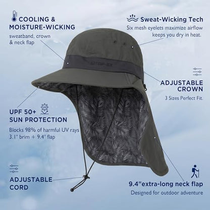 TOP-EX UPF 50+ Cooling Wide Brim Sun Hat for Men with Neck Flap, Packable - color: Dark Grey - Tropical Palm, size: Medium-Large