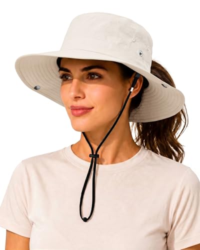 Wide Brim Waterproof Bucket Rain Hat for Women Men UPF50+ Cowboy Sun Hat - color: Ponytail Beige