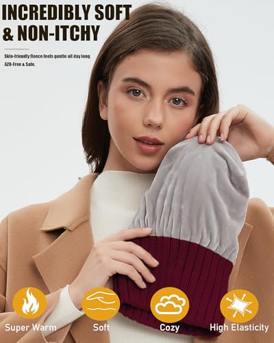 Fleece Lined Wool Beanie Hat Women Men,Winter Knit Chunky Snow Cap - color: 1-wine Red