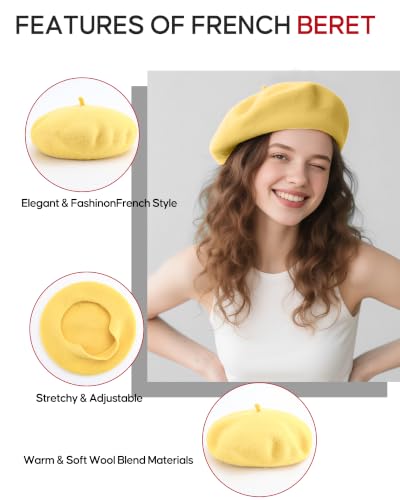 French Beret Hats for Women - Wool Solid Color Beanie Cap - color: Lemon Yellow