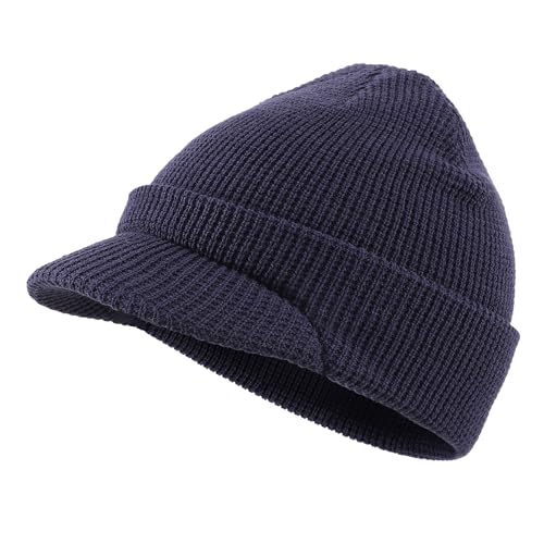 Home Prefer Mens Wool Blend Winter Hat Double-Layer Warm Knit Pre-Curve Visor Beanie Brimmed Beanies Hat for Men Women - color: Navy Blue
