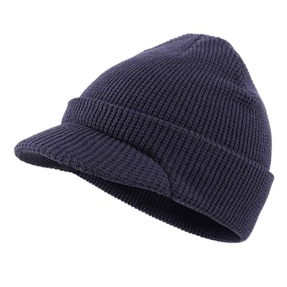 Home Prefer Mens Wool Blend Winter Hat Double-Layer Warm Knit Pre-Curve Visor Beanie Brimmed Beanies Hat for Men Women - color: Navy Blue