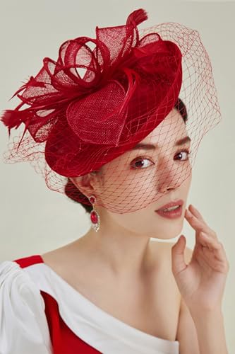 BABEYOND Fascinators Hats for Women Pillbox Kentucky Hat with Feather Veil - color: Red