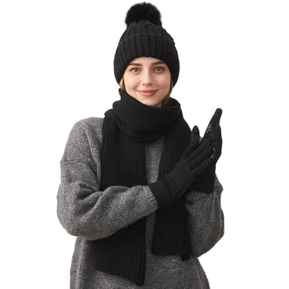 HUAMULAN Women Winter Knit Beanie Hat Circle Scarf Set Pompoms Ear Flaps - color: Black With Scarf and Gloves