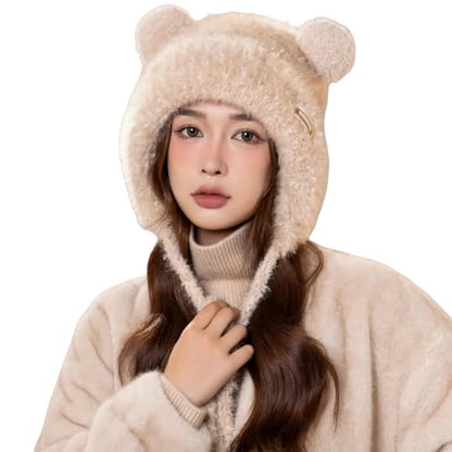 Women Winter Sherpa Beanie Hats Knit Ear Flap Hat Fleece Lined - color: Khaki