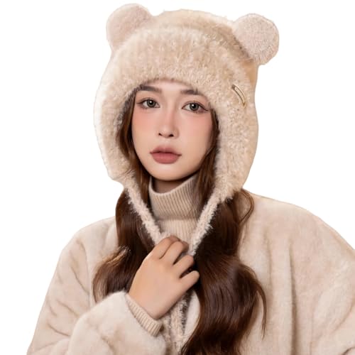 Women Winter Sherpa Beanie Hats Knit Ear Flap Hat Fleece Lined - color: Khaki