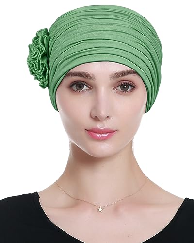 Alnorm Flower Design Chemo Hair Loss Caps Cancer Headwear for Women - color: Avocado Green