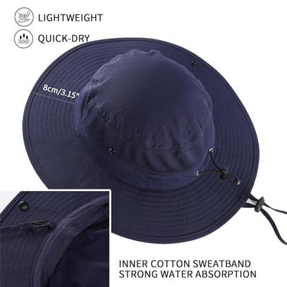 Home Prefer UPF50+ Mens Sun Hat Wide Brim Womens UV Protection Beach Bucket Hat for Fishing Hiking Snap Up Cowboy Hat - color: Navy Blue