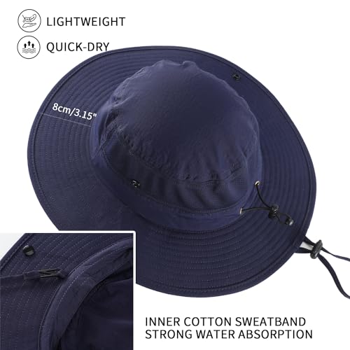 Home Prefer UPF50+ Mens Sun Hat Wide Brim Womens UV Protection Beach Bucket Hat for Fishing Hiking Snap Up Cowboy Hat - color: Navy Blue