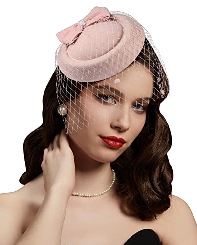 Fascinator Hats for Women 20s 50s Vintage Pillbox Hat Kentucky Derby Fascinators Flower Veil Wedding Tea Party Hat - color: 11c-blush Pink